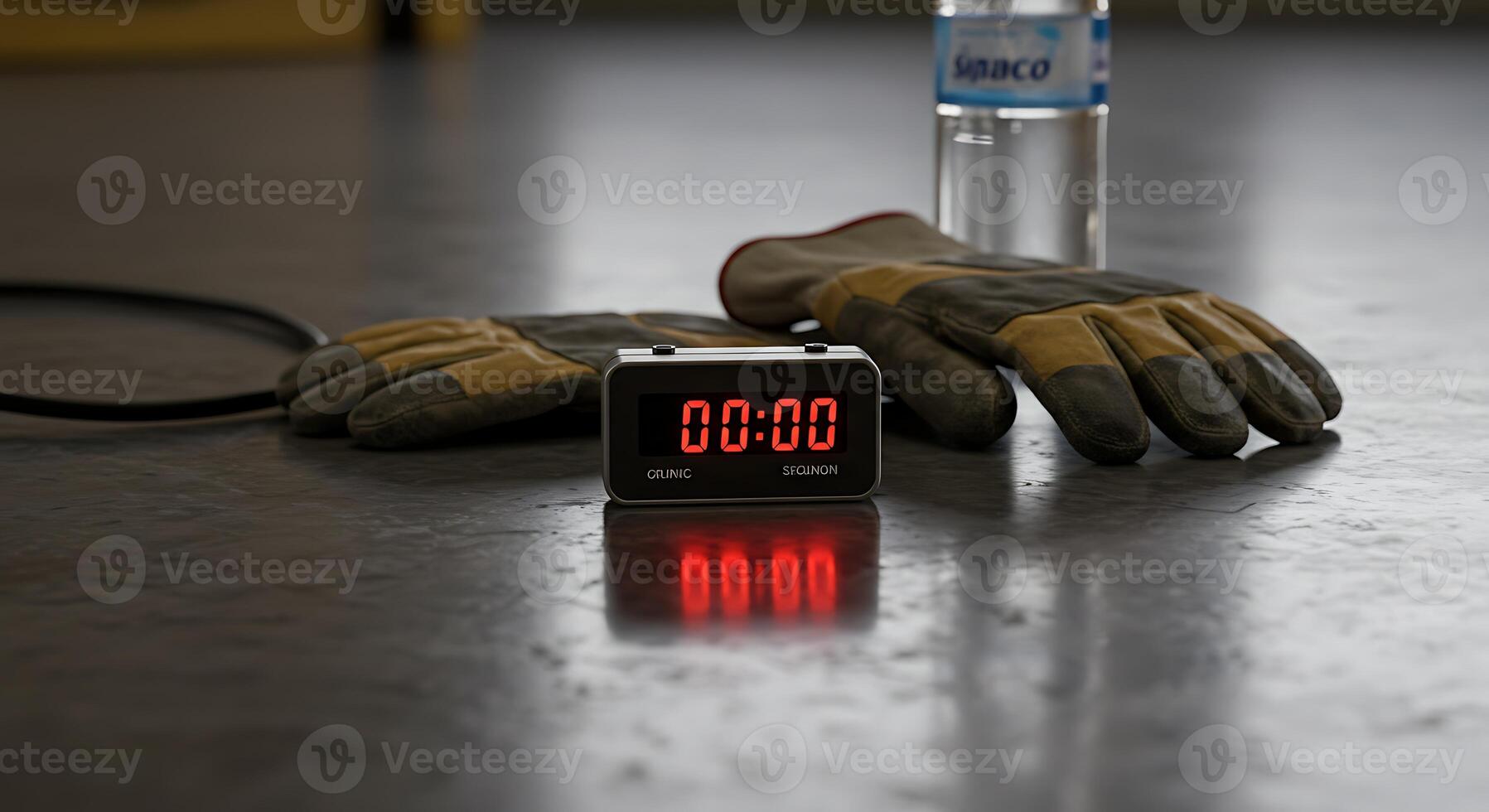 Timer Displaying Zero with Gloves and Water Bottle photo