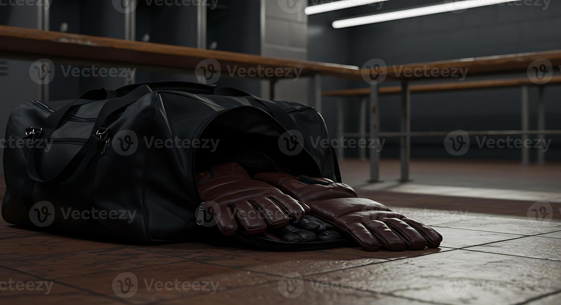 Gloves in Bag Near Lockers in Empty Changing Room photo