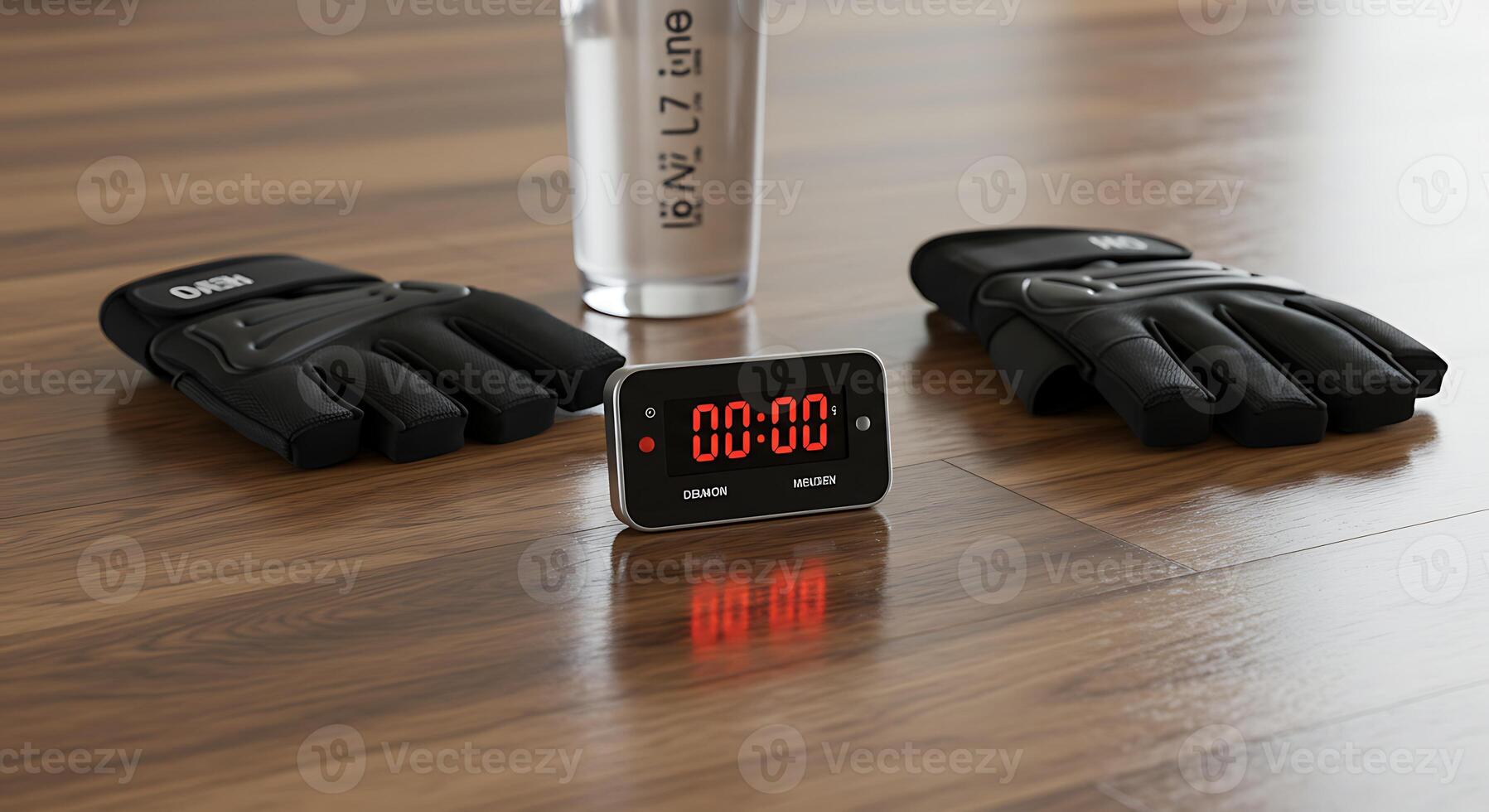 Preparing for Workout Protective Gloves Timer and Water Bottle Ready on the Floor photo