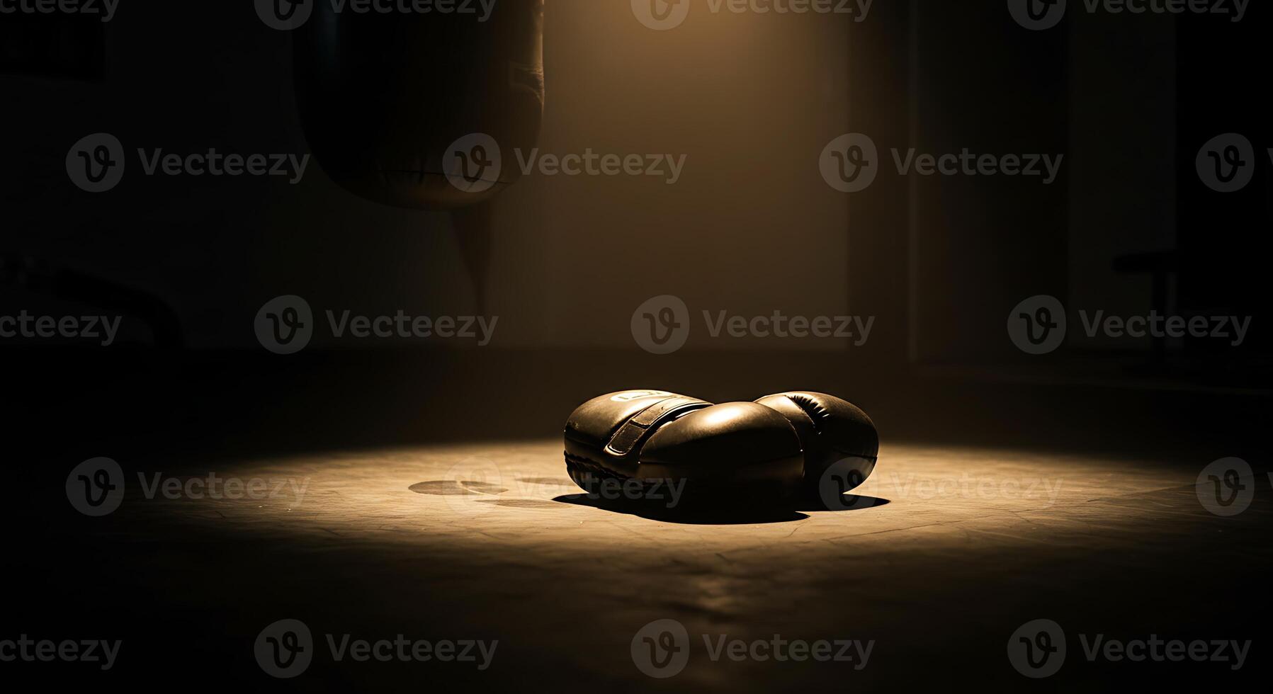 Boxing Gloves Resting Spotlight in Dark Gym photo