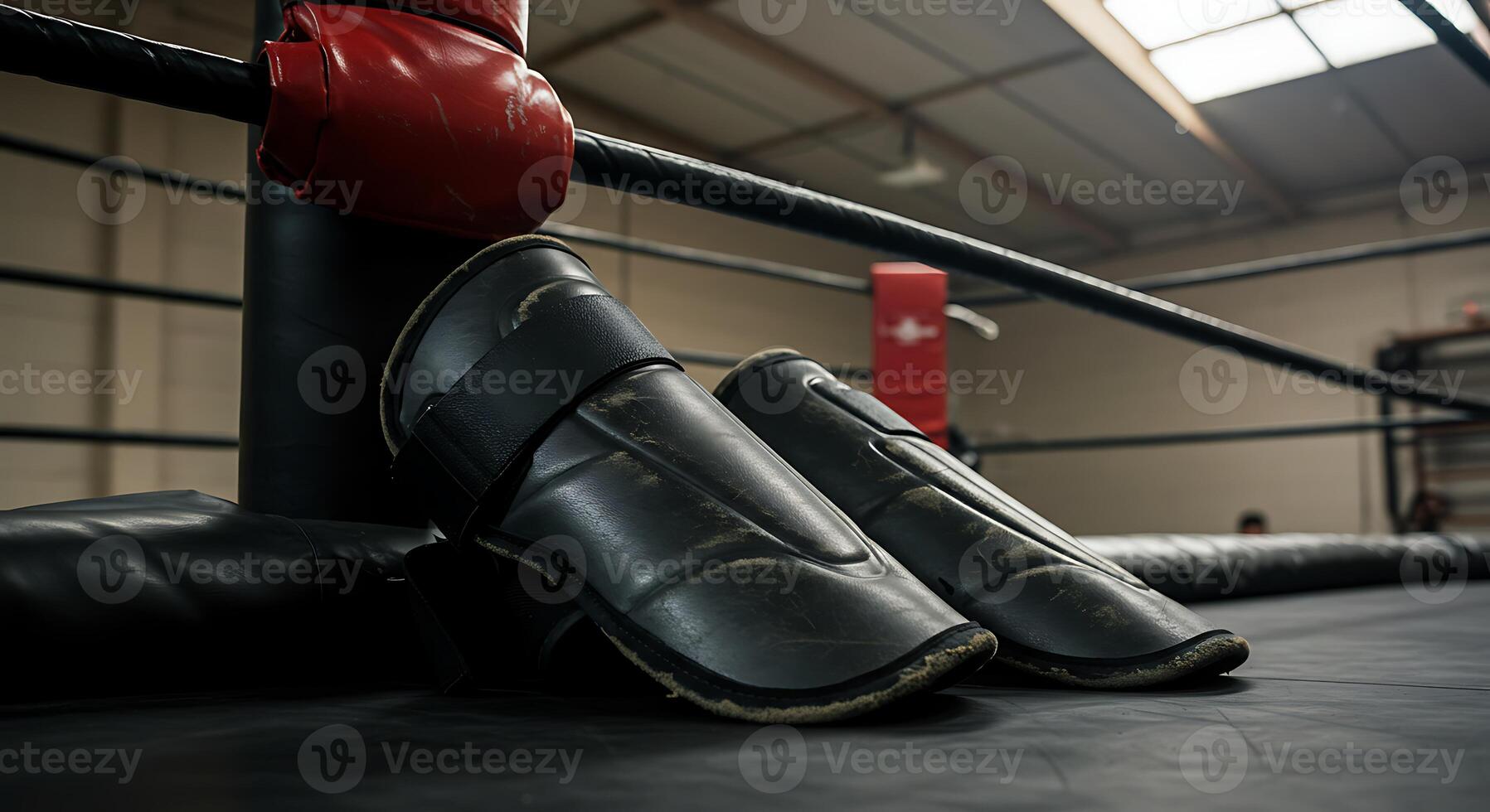 Shin Guards Resting in the Corner of a Boxing Ring photo