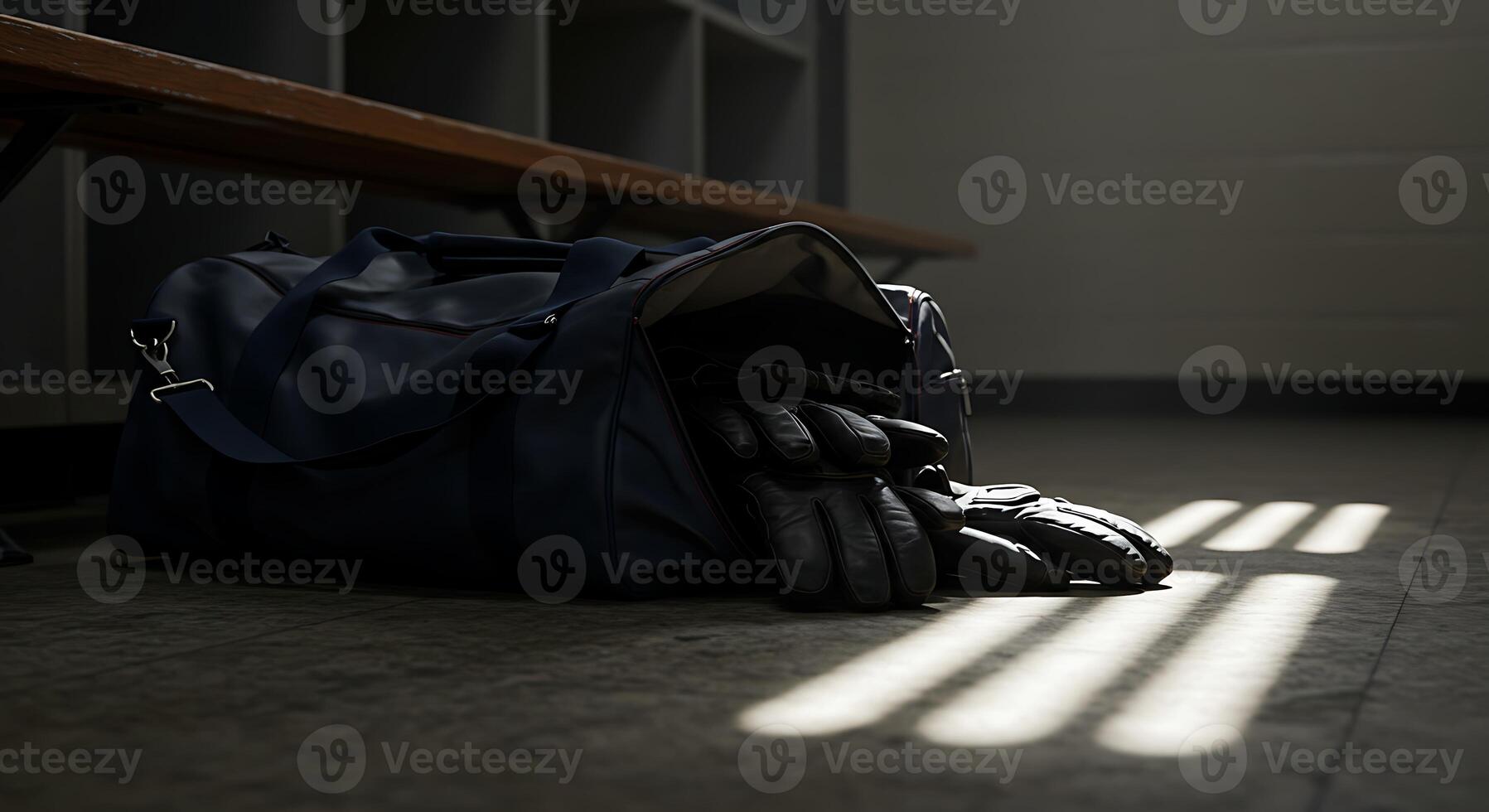 Open Sport Bag with Gloves in Locker Room with Light Streaks photo