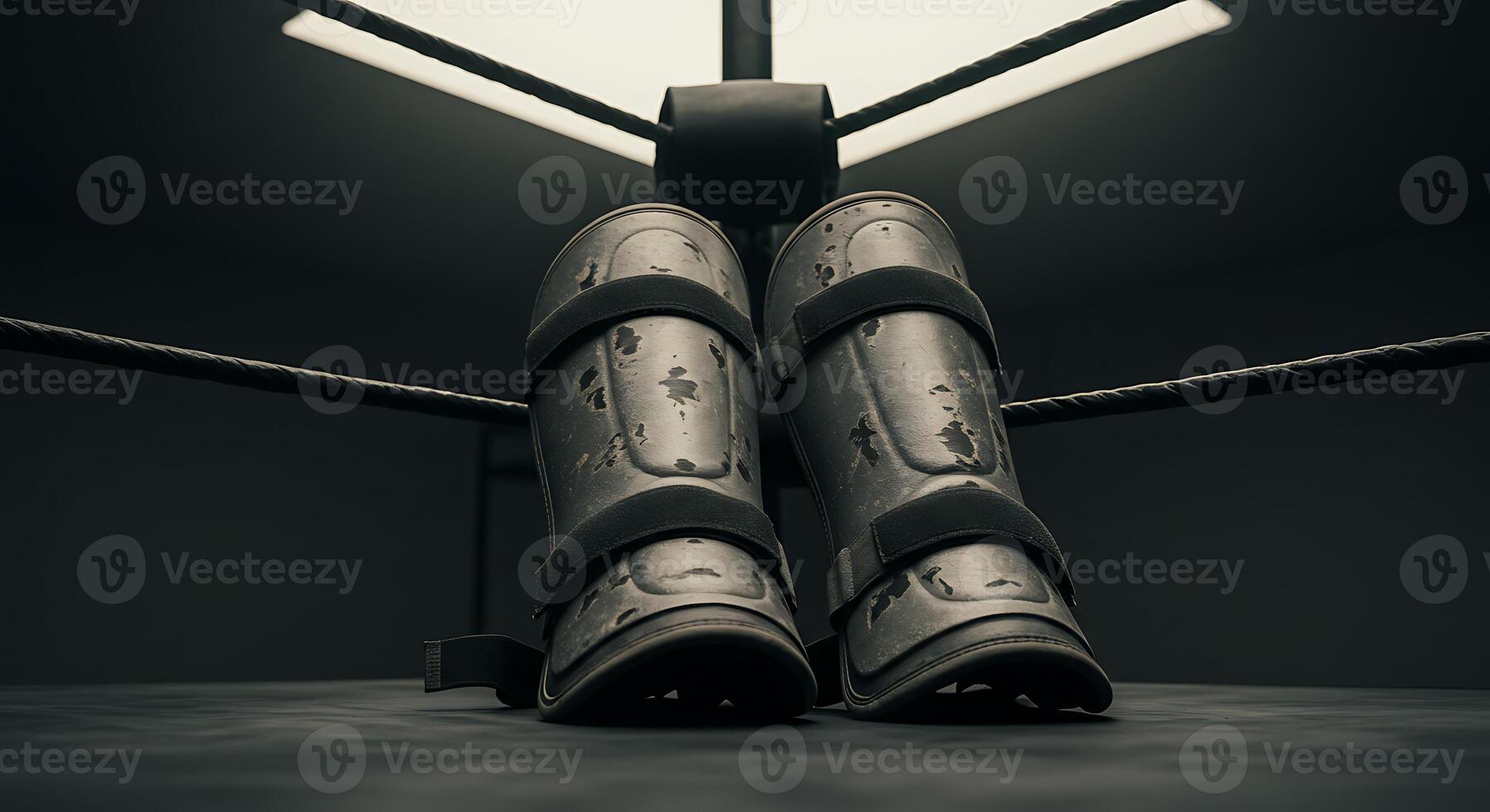 Shin Guards Resting at Edge of Boxing Ring photo