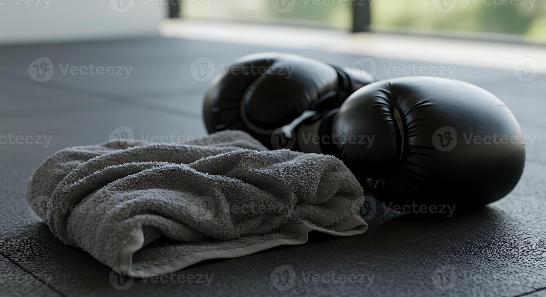 Boxing Gloves and Towel Resting on a Dark Gym Floor After Workout photo