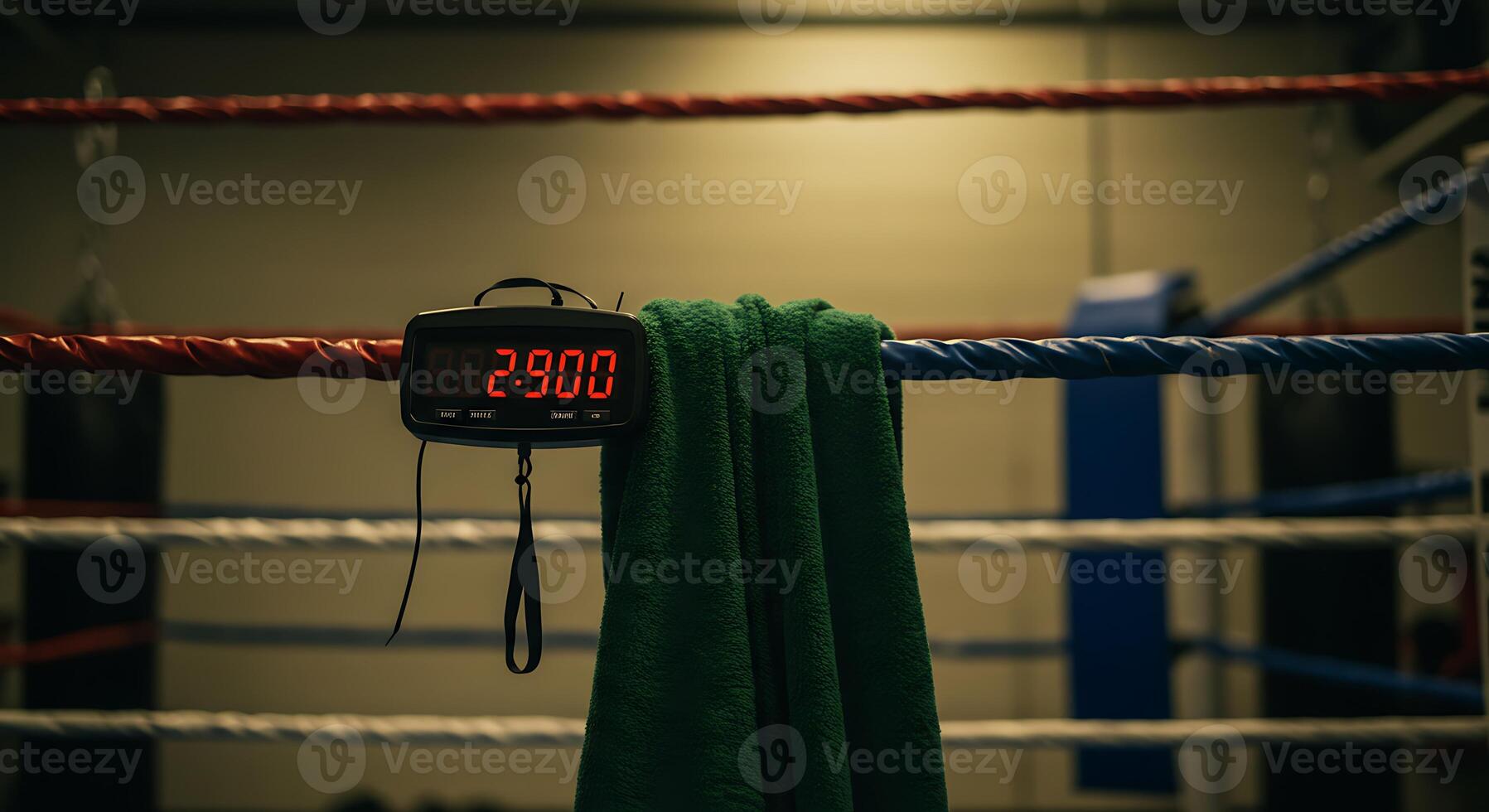 Timer on a Boxing Ring with Towel Hanging Near Ropes photo