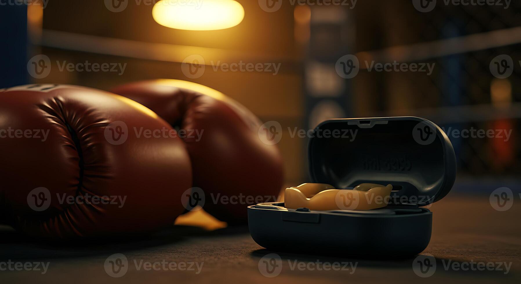 Examining Boxing Gloves and Mouthguard Inside Ring photo