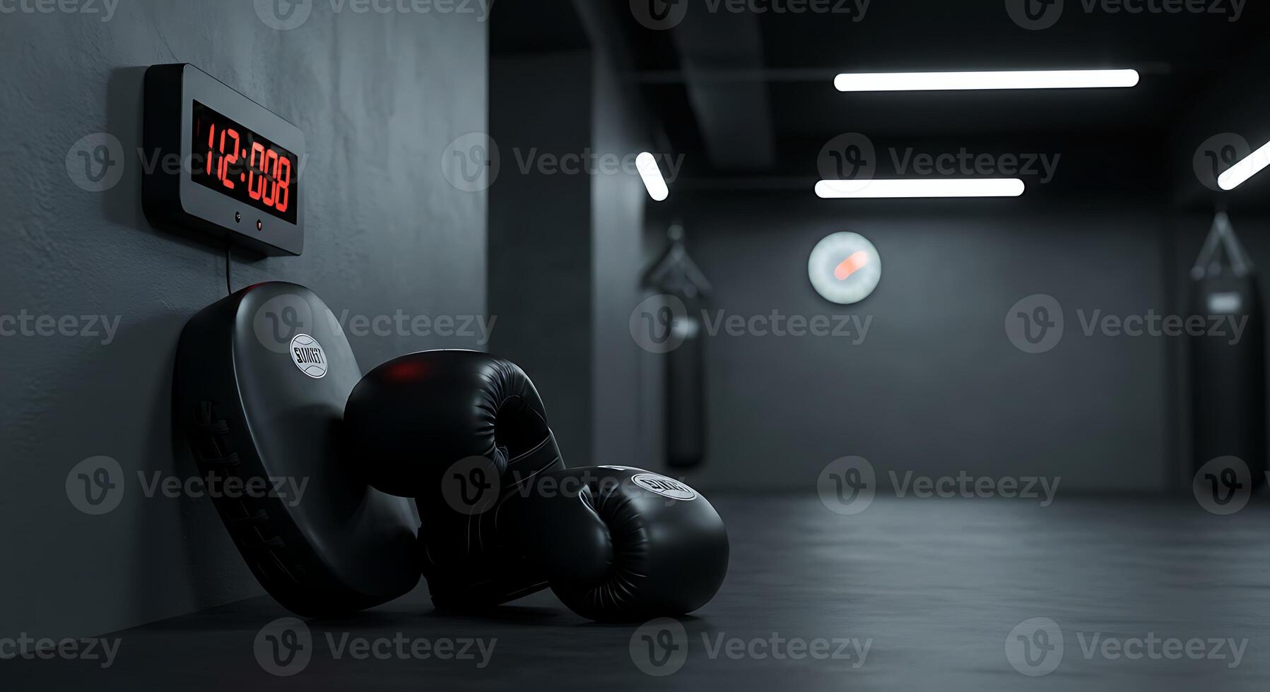 Boxing Gloves and Punch Pad at a Gym with Timer photo