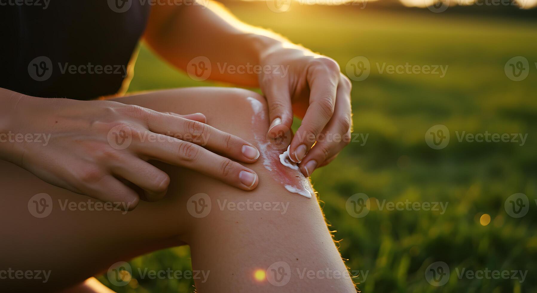 Applying Cream to Wound on Knee in Grassy Outdoor Setting photo