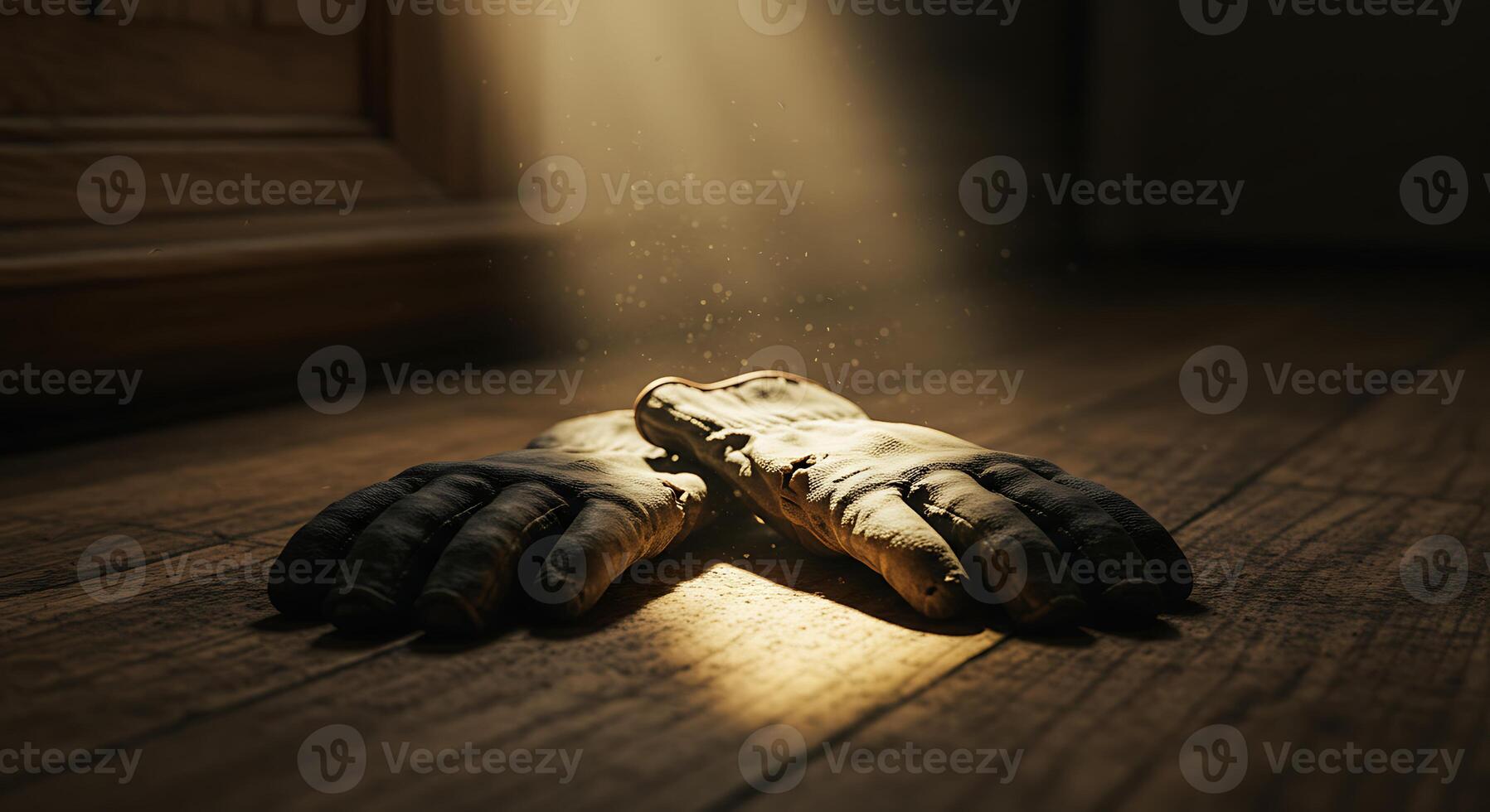 Work Gloves Resting on Wooden Floor with Dramatic Lighting photo