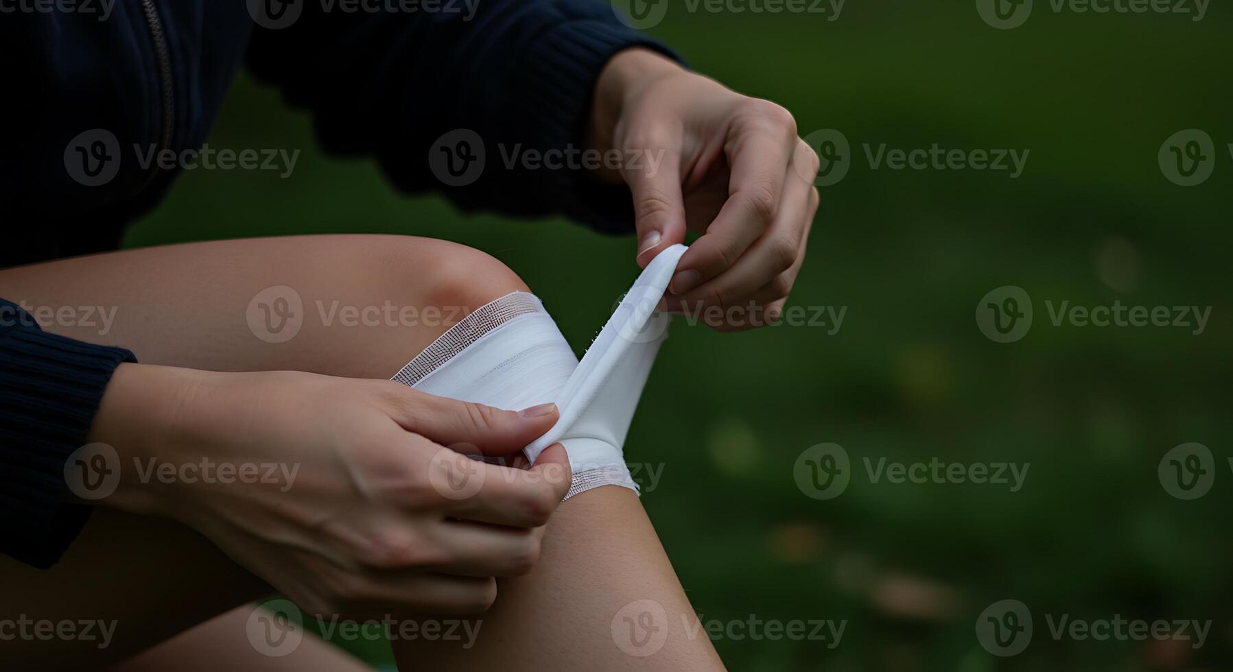 Applying White Bandage to Knee for Injury Treatment Outdoors photo