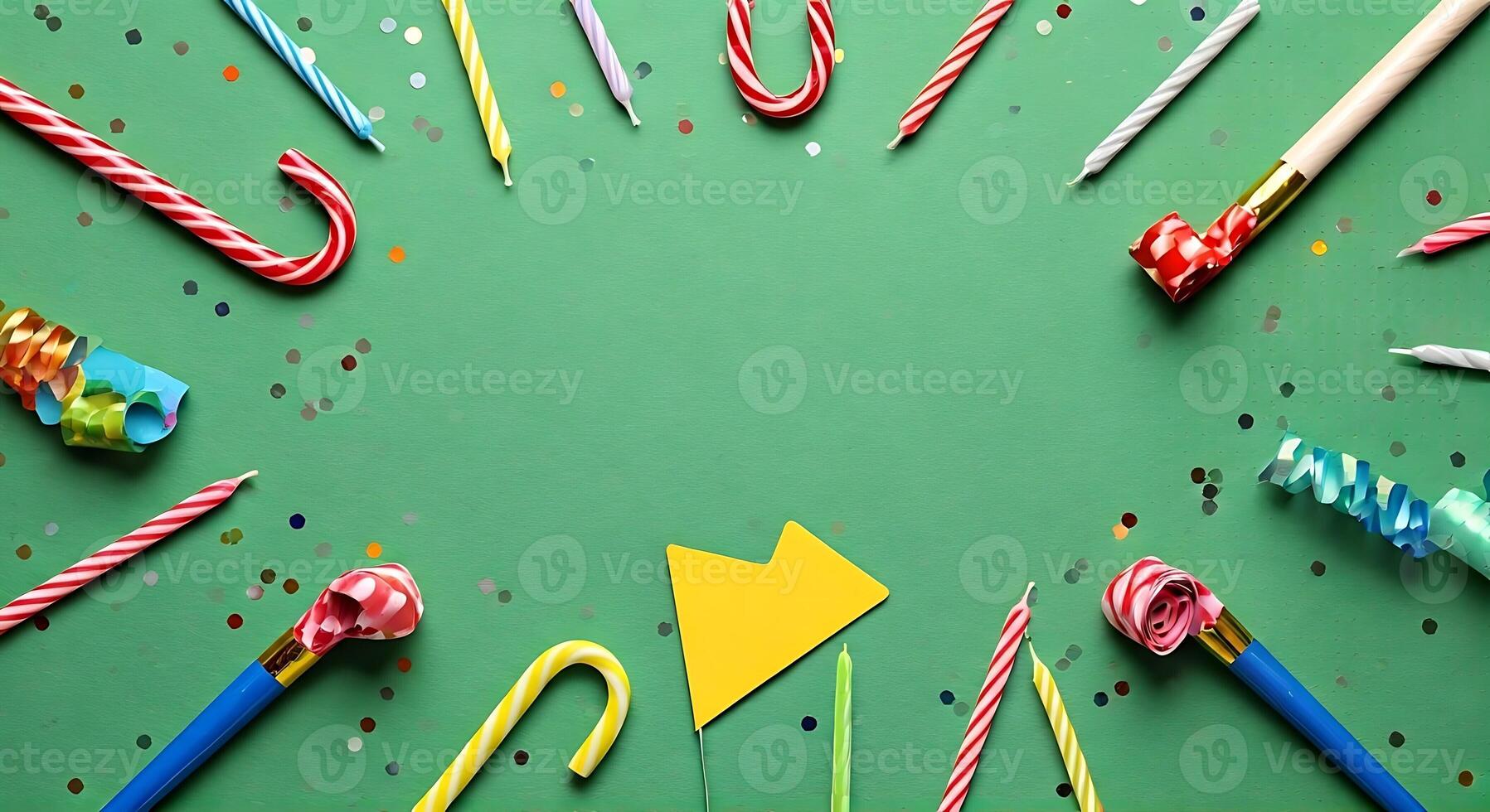 Many colorful candies and other decorations are arranged around a green background photo