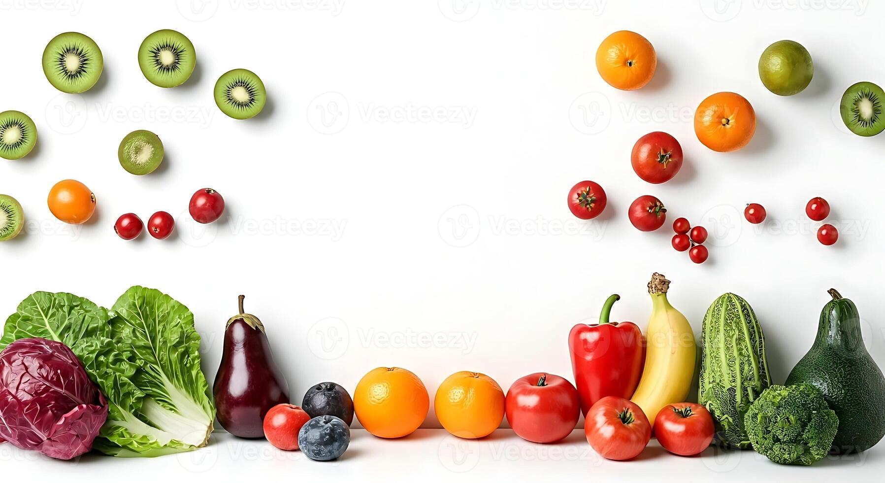 A group of fruits and vegetables arranged in a smiley face photo