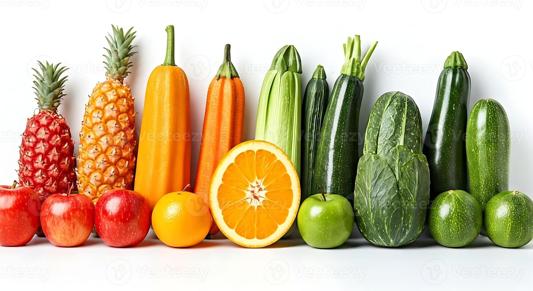 A group of fruits and vegetables arranged in a row photo
