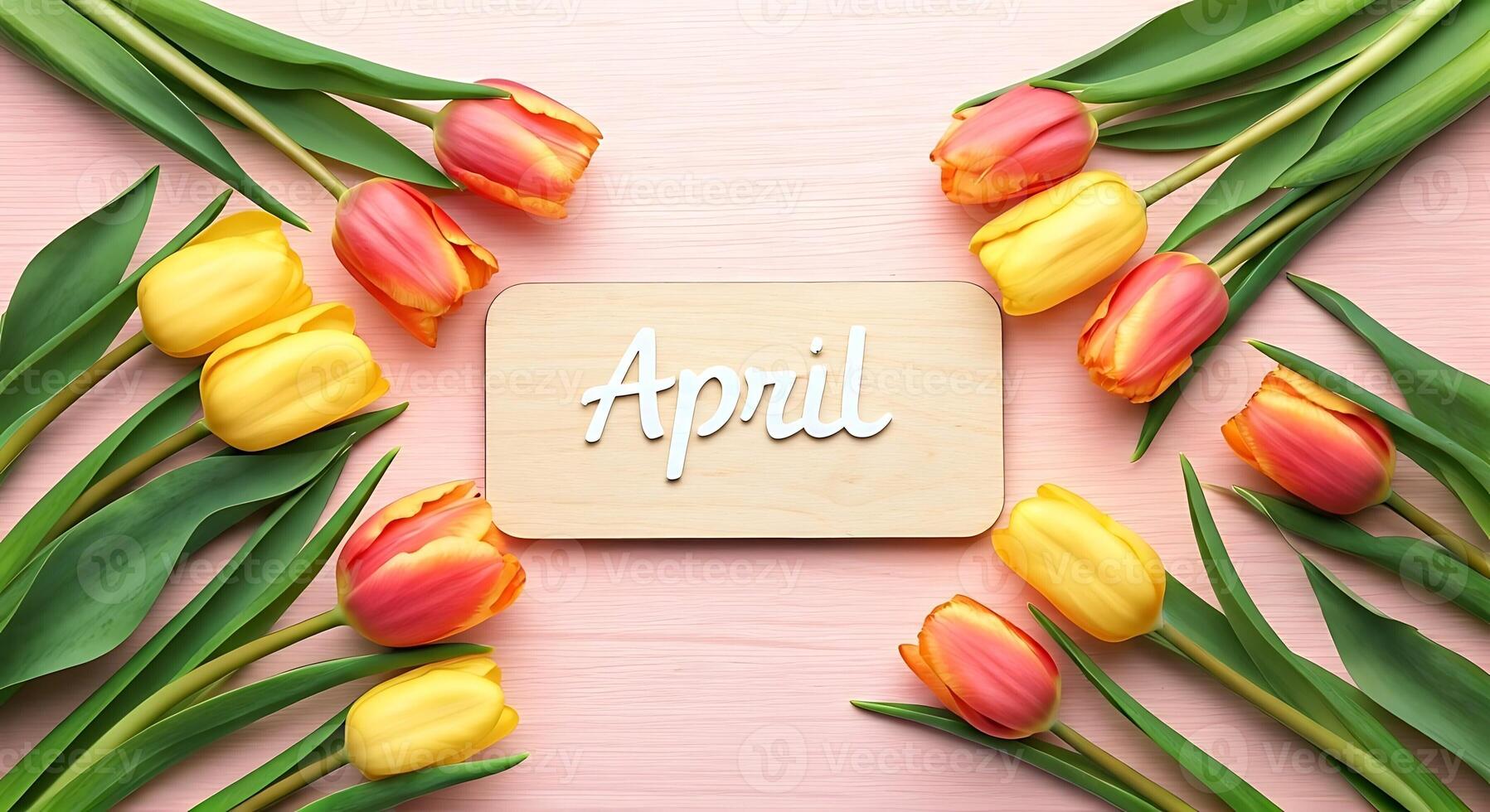April flowers on a wooden sign with the word april written on it photo