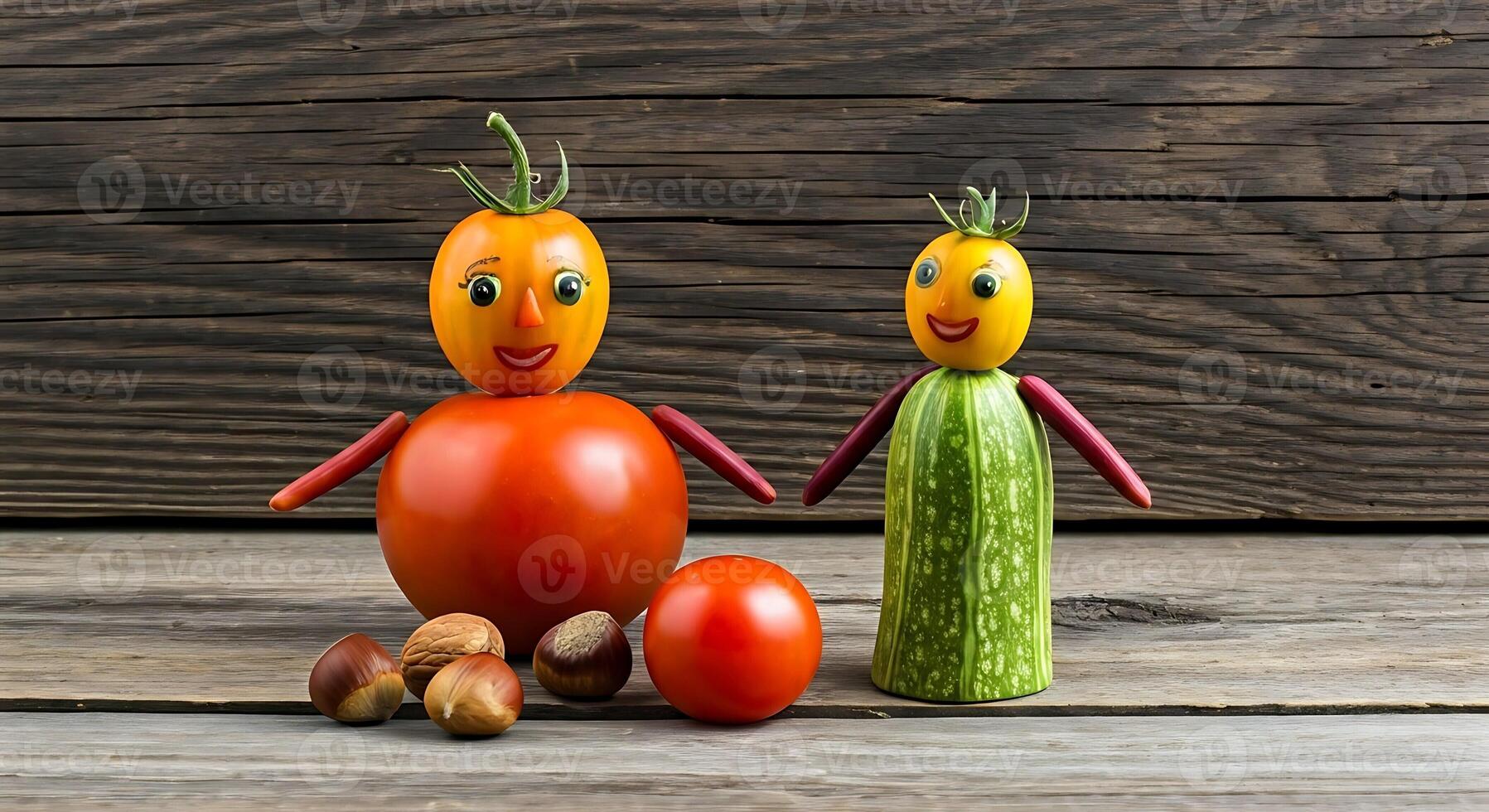 Two vegetable figurines with faces and vegetables on a wooden table photo