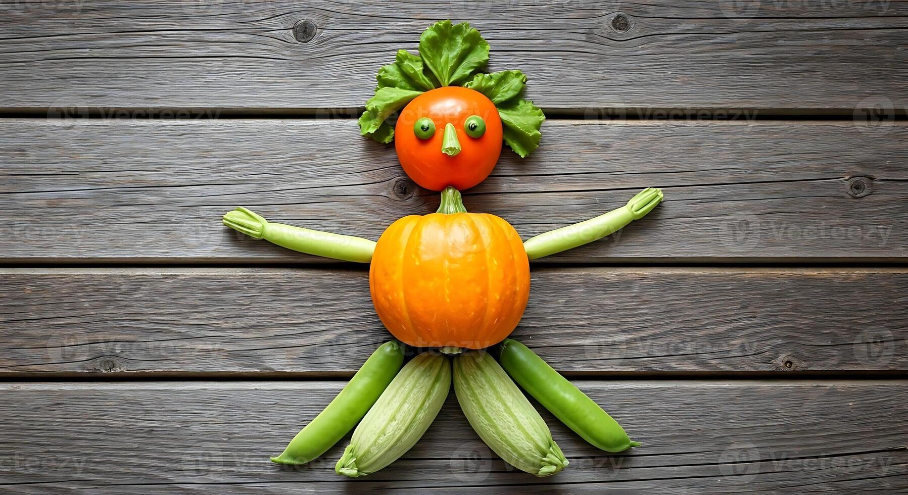 A vegetable man made out of vegetables on a wooden table photo