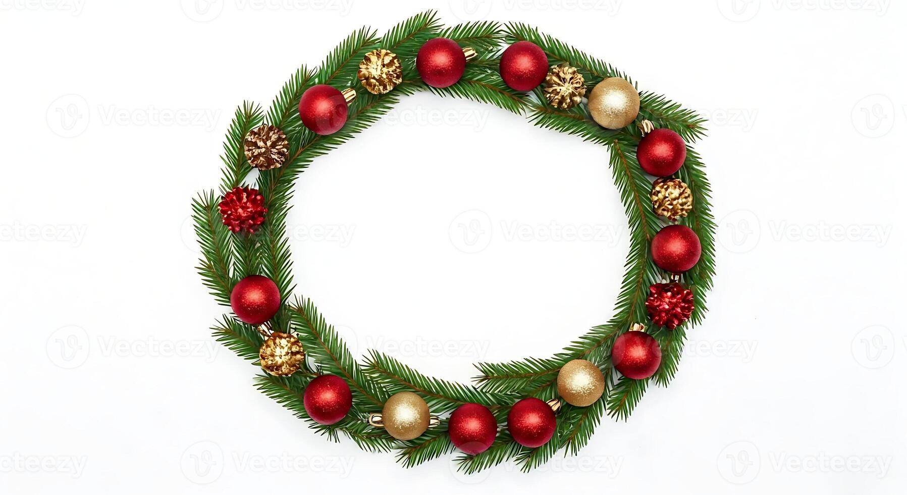 Christmas wreath with red and gold balls on white background photo