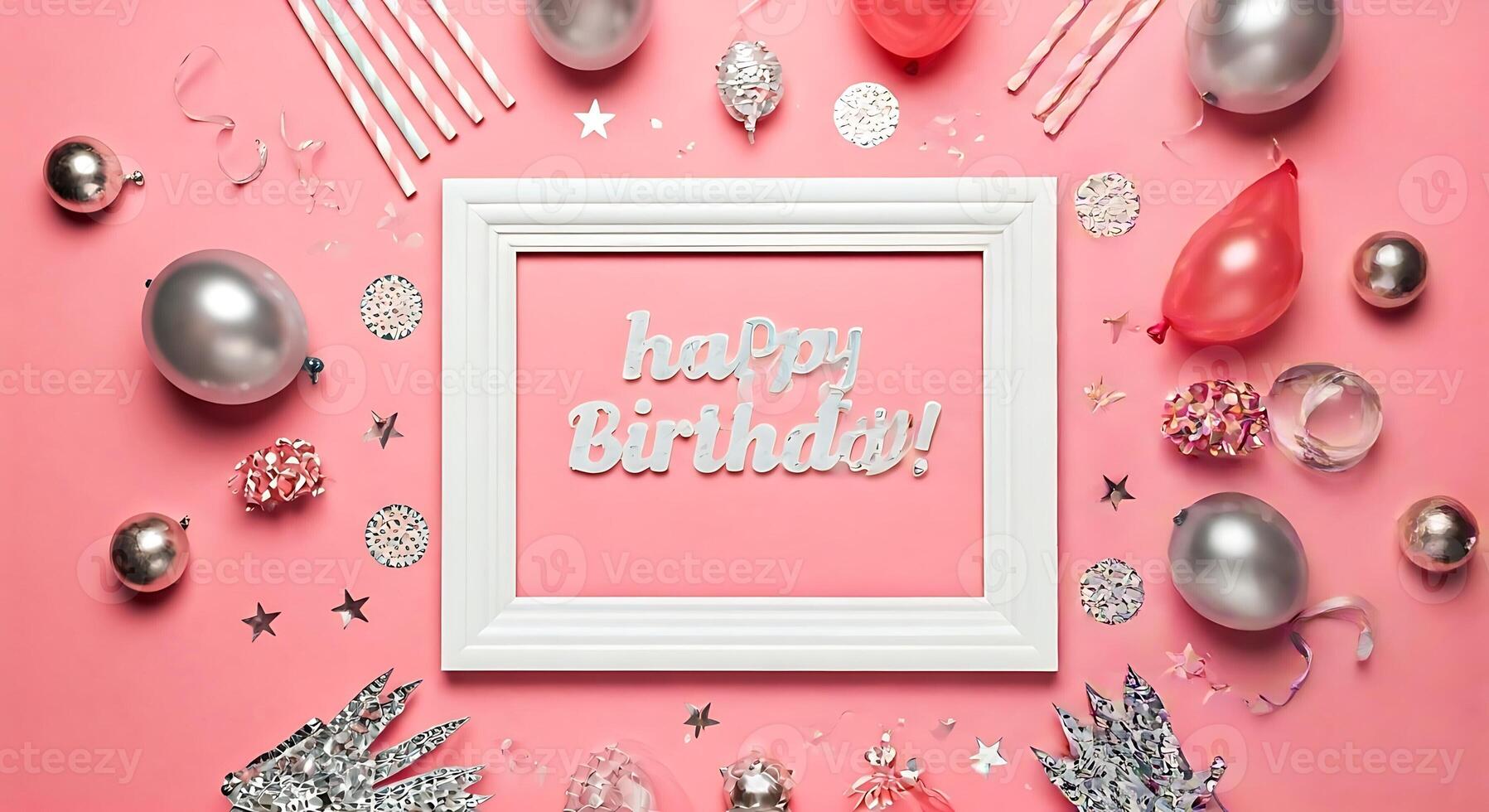 Happy birthday frame with balloons and decorations on pink background photo
