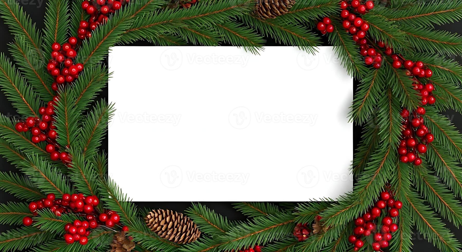 Christmas wreath with fir branches and red berries on black background photo