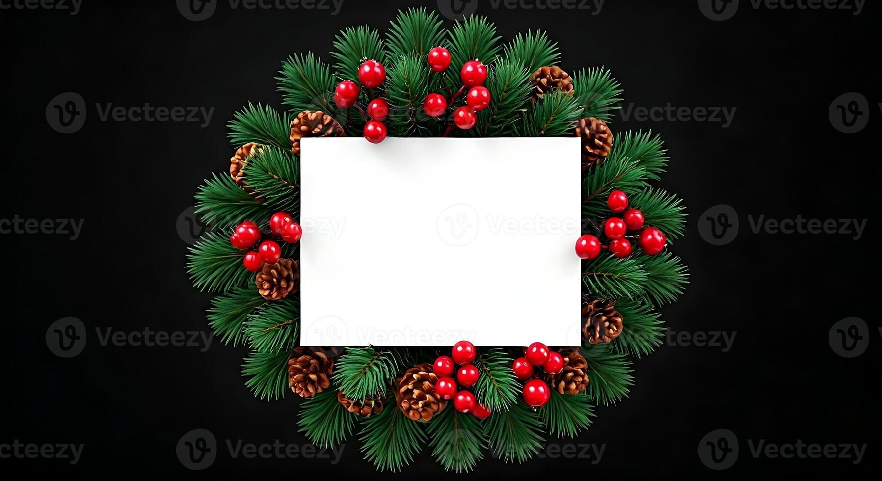 Christmas wreath with pine cones and berries on a black background photo
