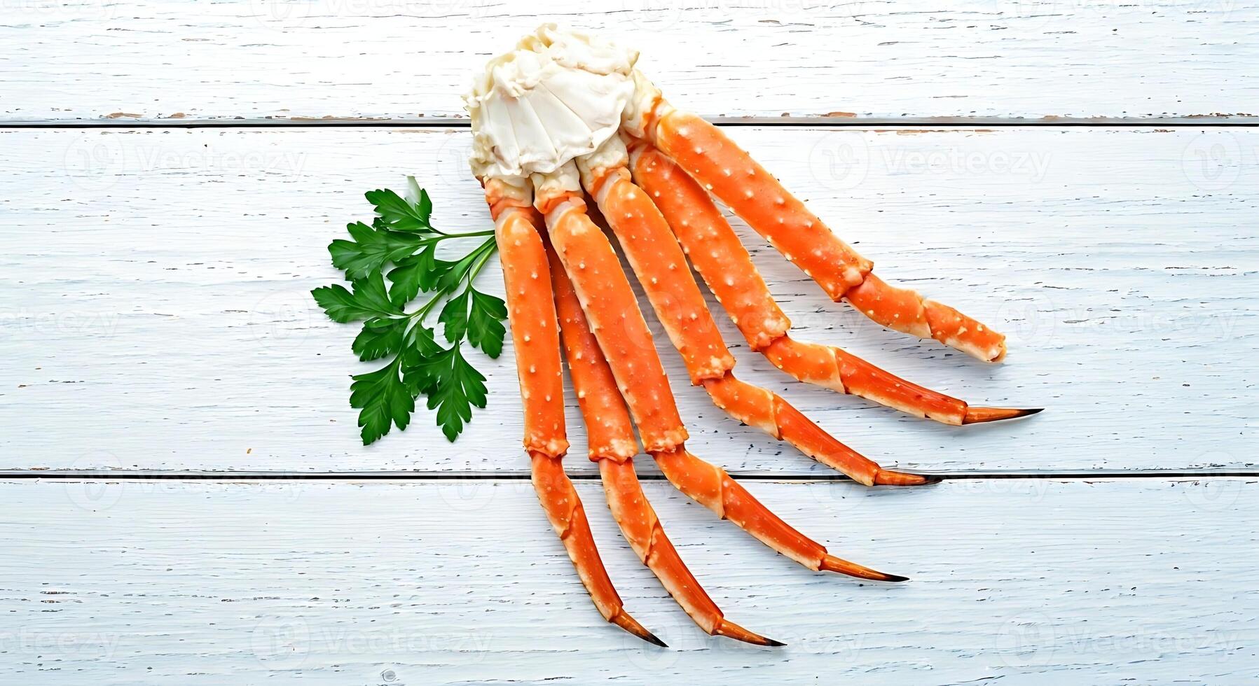 A pair of crab legs on a white wooden table photo