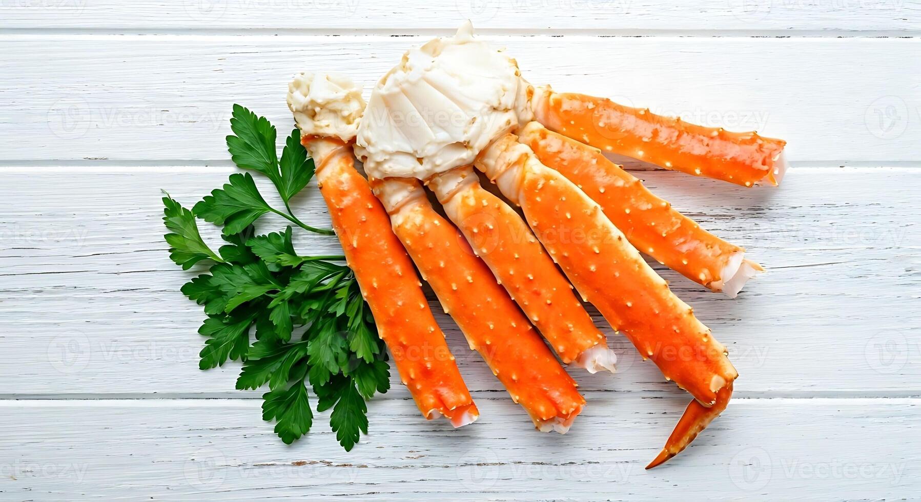 Freshly caught king crab legs on white wooden background photo