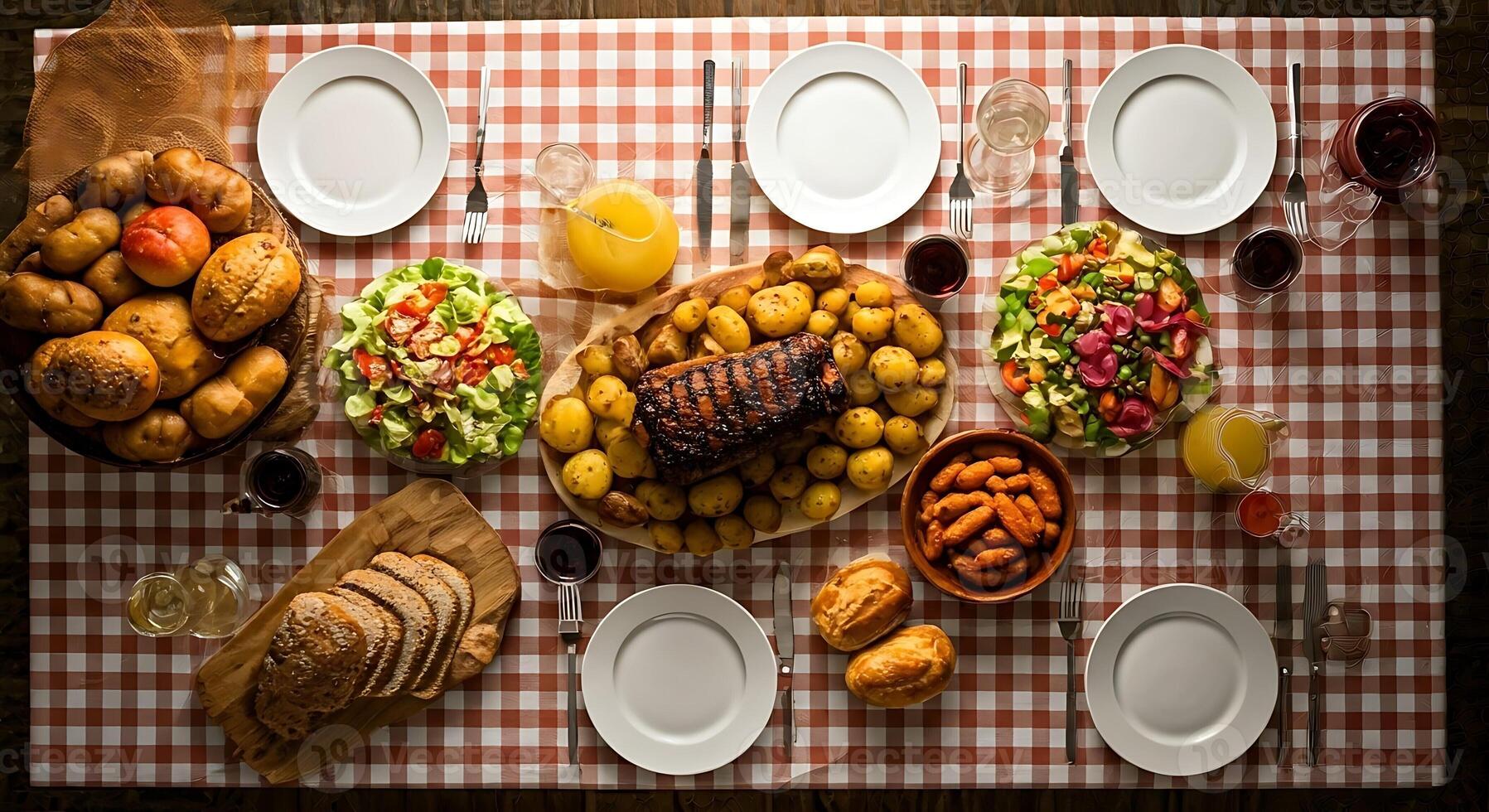 Fresh Home Cooked Meal Table with Roasted Meat Potatoes Salads Bread and Drinks photo