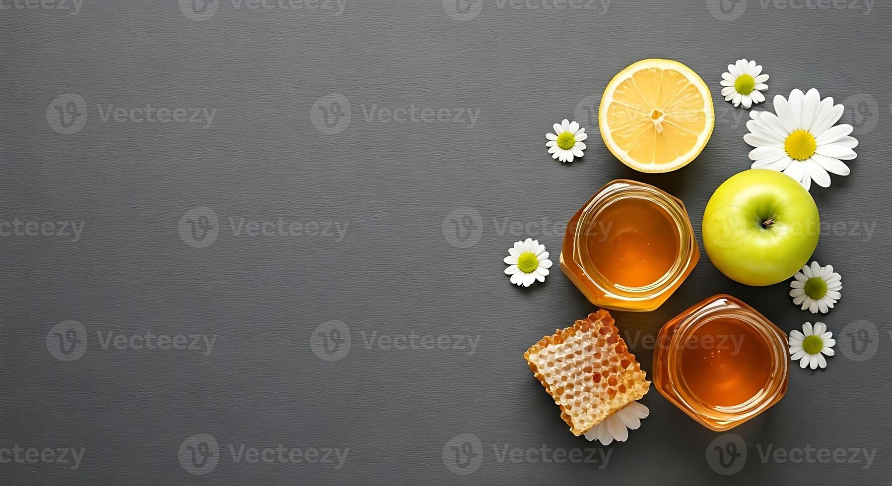 Fresh Lemon Half Green Apple Daisies Honeycomb on Gray Background photo