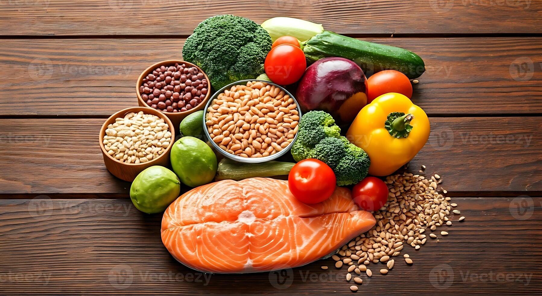 Fresh Salmon Fillet with Colorful Vegetables and Legumes on Wooden Surface photo
