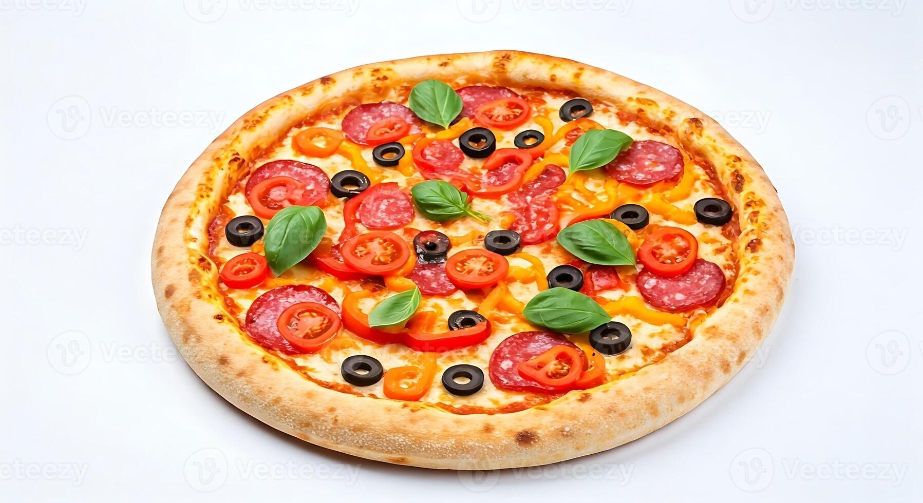 Fresh Vegetable and Pepper Pizza with Basil on Thin Crust photo