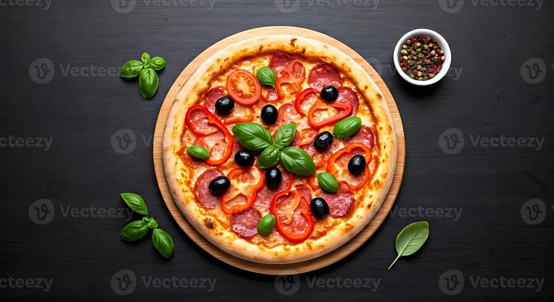 Fresh Vegetable Pizza with Basil Black Olives on Wooden Plate on Transparent Background photo
