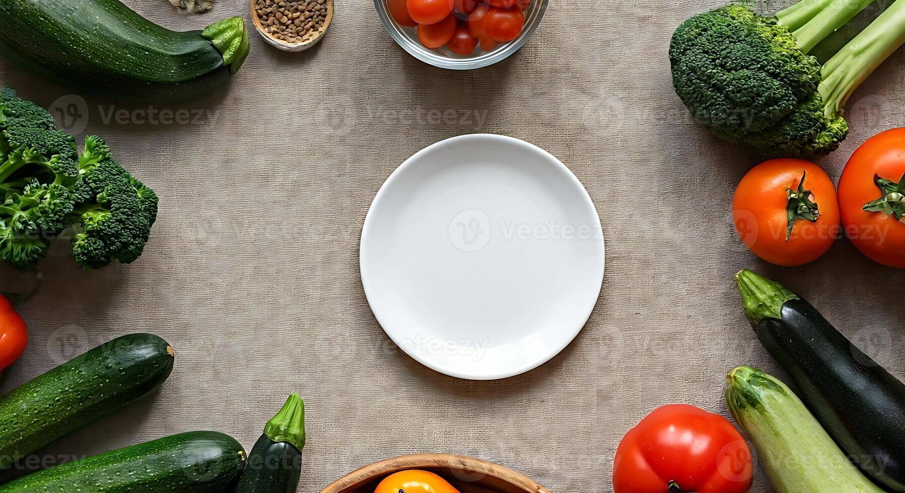 Fresh Vegetables and Empty White Plate on Table in Natural Light photo