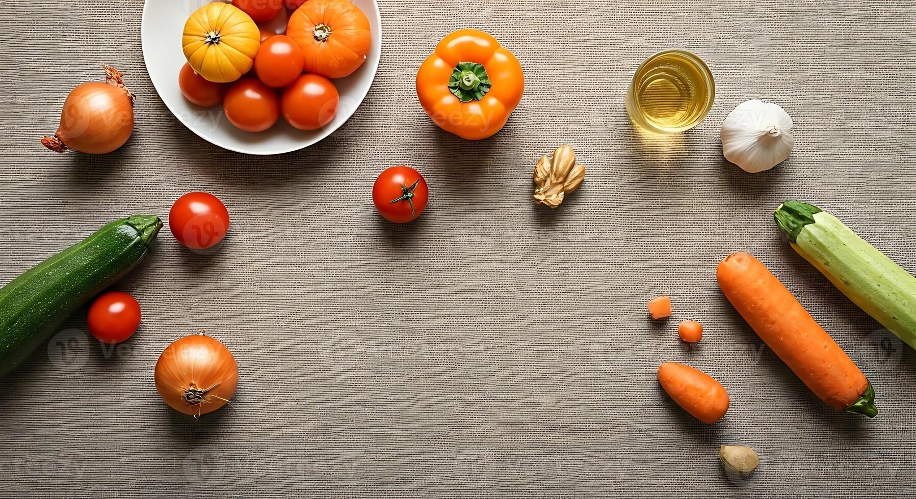 Fresh Vegetables and Cooking Ingredients Arranged on Table Top photo