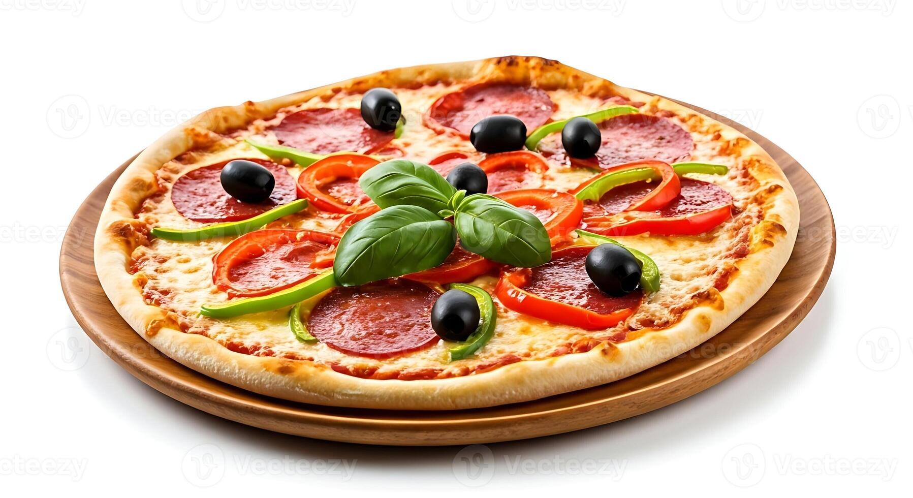Fresh Vegetarian Pizza with Pepperoni Black Olives and Basil on Wooden Plate photo
