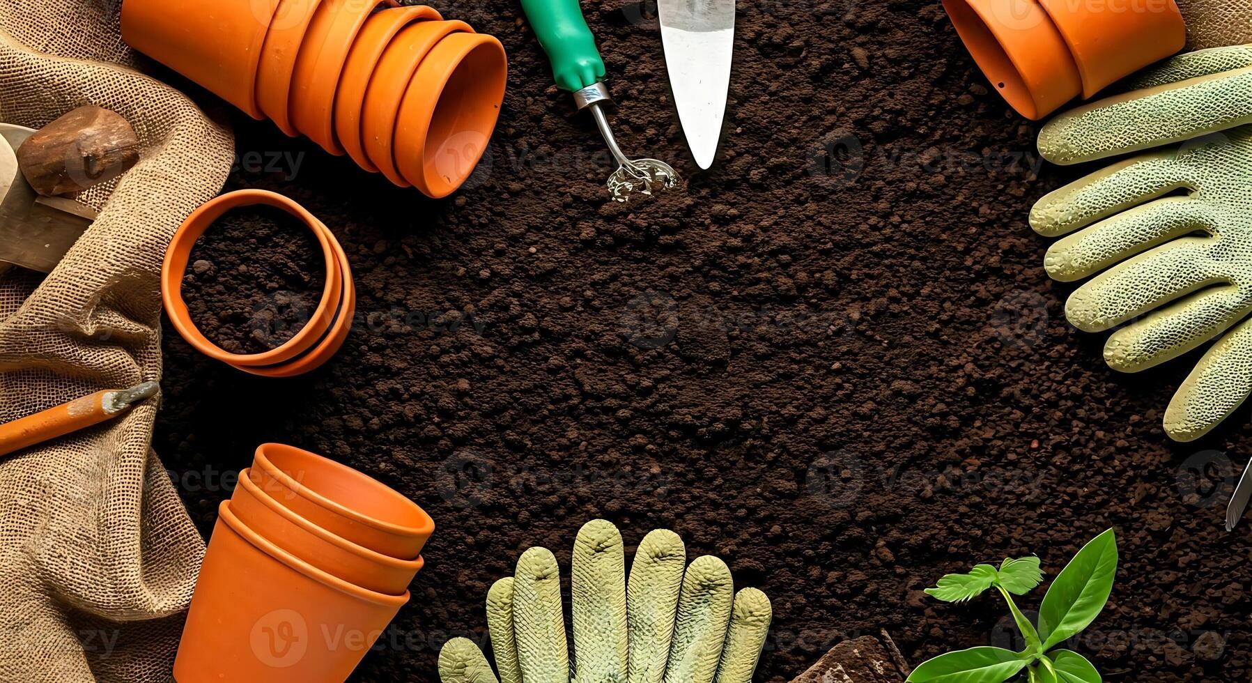 Gardening tools and soil on a table photo