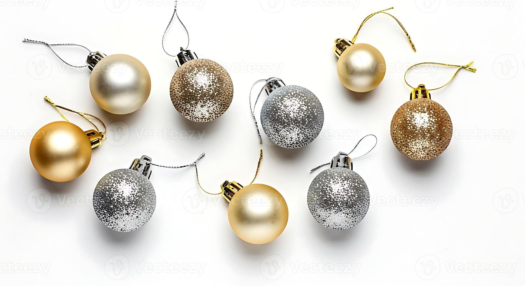 Golden Silver Glitter Christmas Ornaments on White Background photo