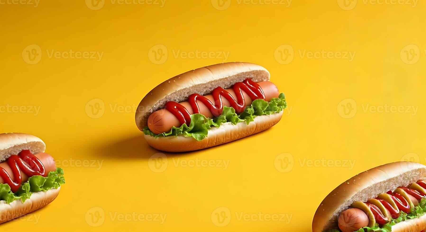 Three hot dogs on a yellow background photo