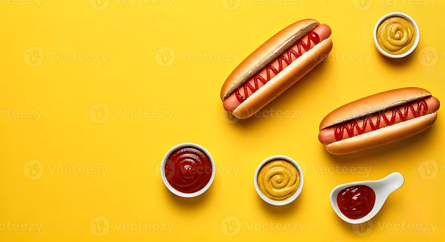 Hot dogs and ketchup on a yellow background photo