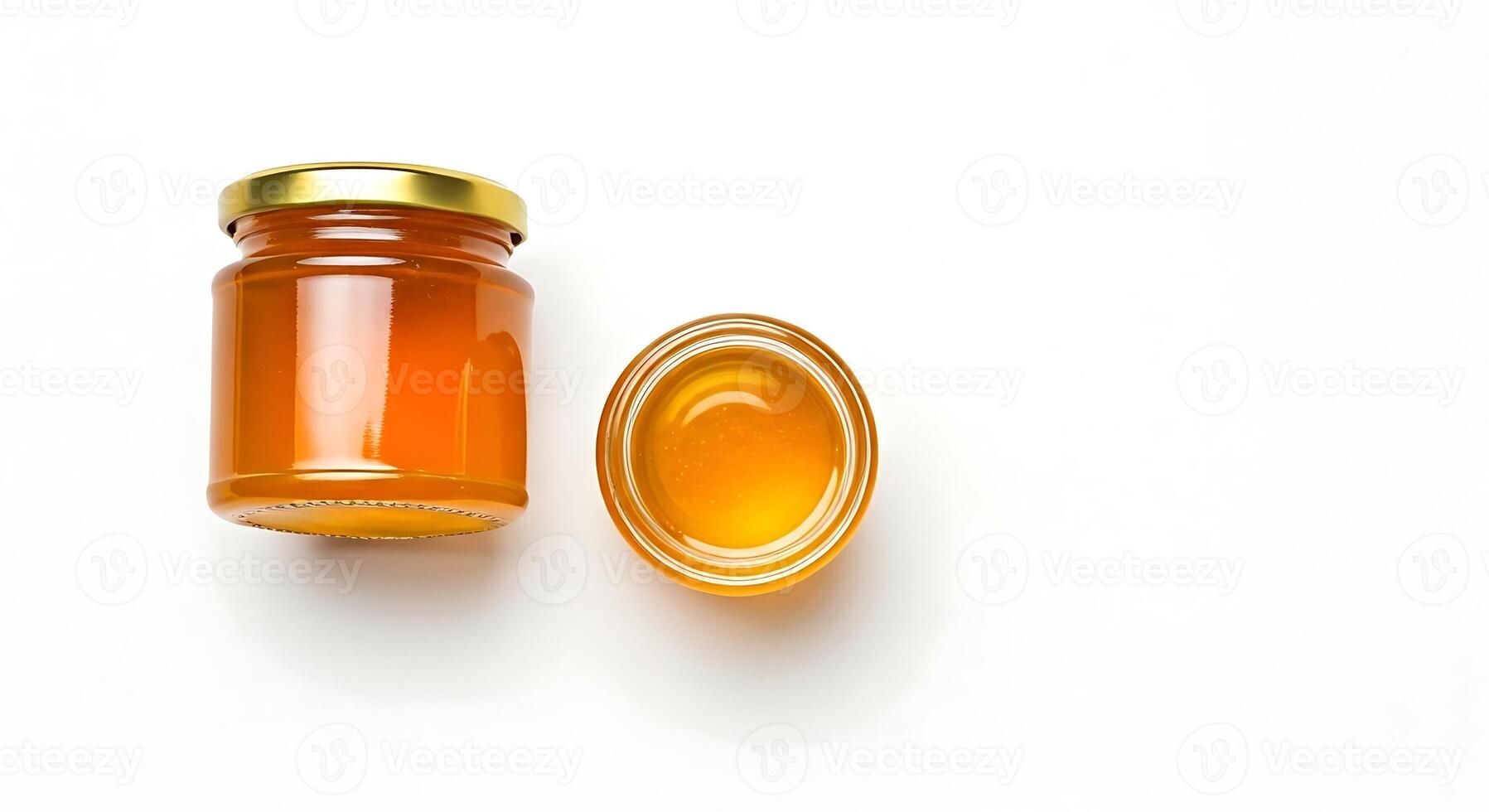 Honey jar and honey on white background photo