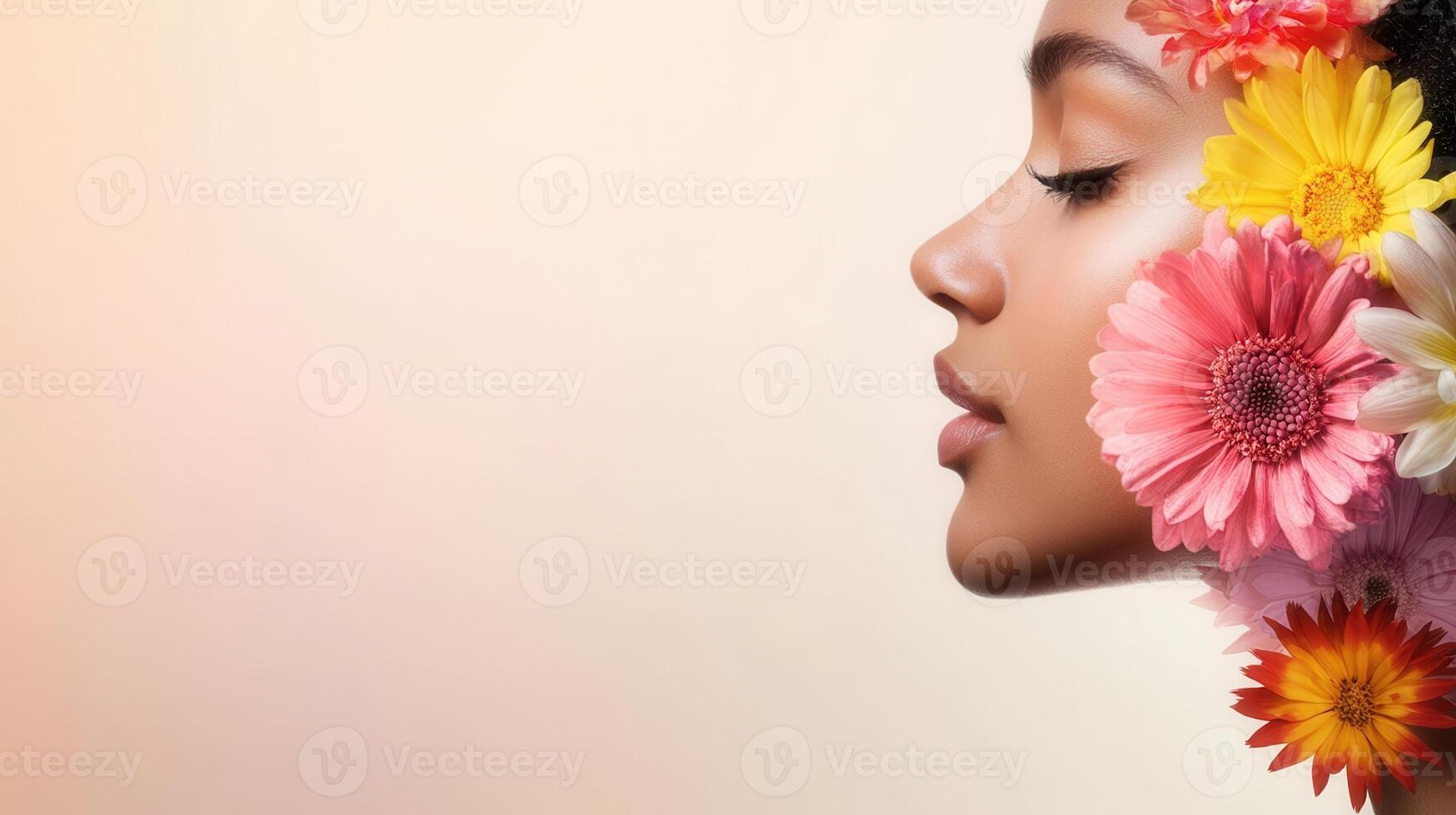 Profile of a beautiful model with flowers decorating her hair and face, representing natural beauty and cosmetics photo