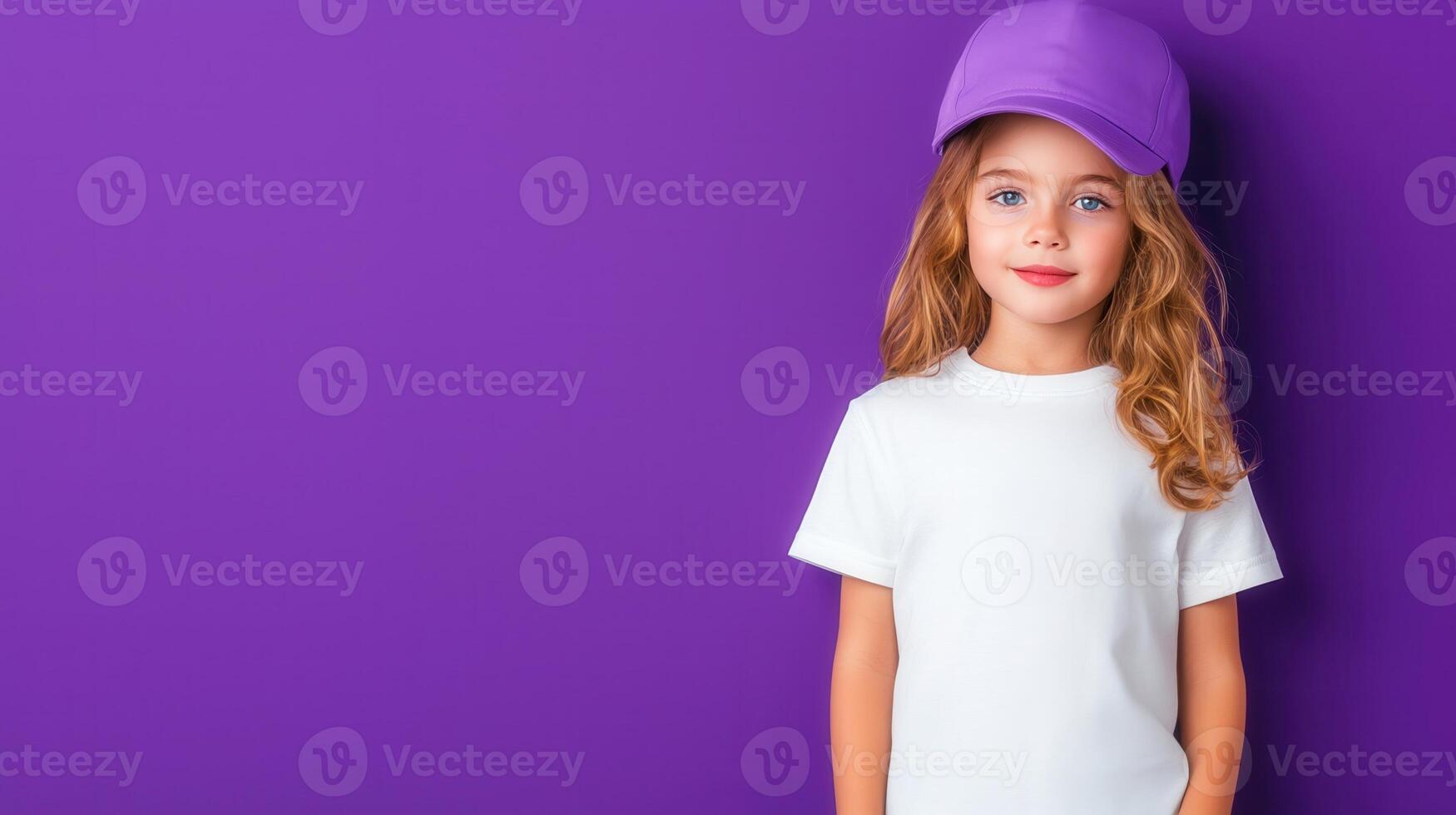 Confident young girl smiling, standing near vivid purple background, wearing white shirt, radiating pure childhood happiness photo