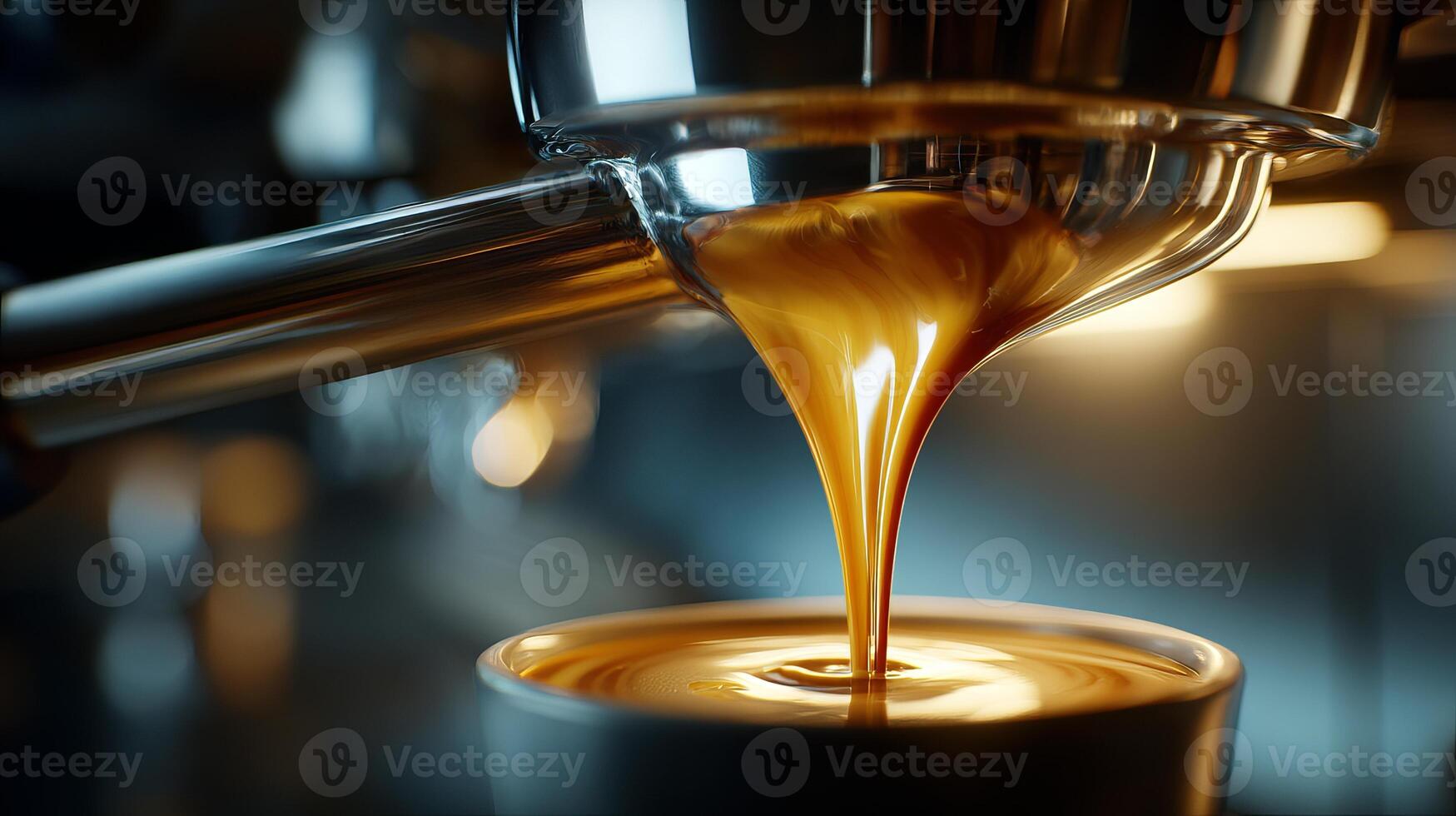 Rich espresso pouring from portafilter into a cup with warm, inviting glow photo