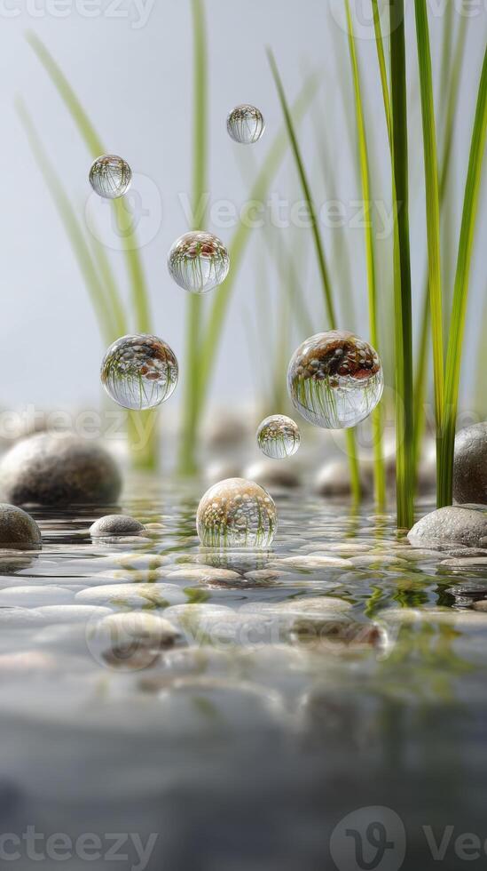 Floating bubbles over water with stones and green reeds, nature tranquility concept photo