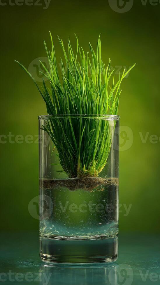 Fresh green grass growing in a clear glass of water on a blurred green background photo
