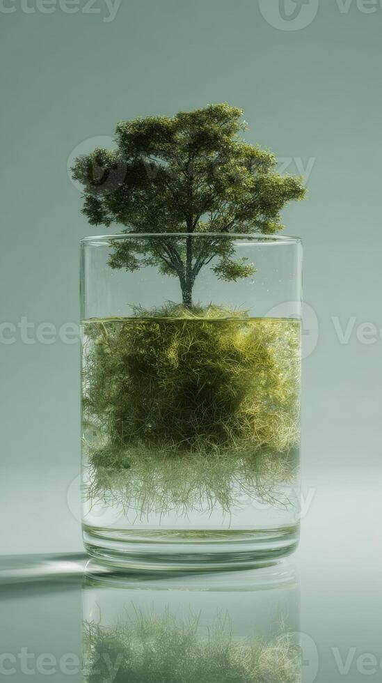 Tree growing on moss submerged in a glass of water, conceptual nature design photo