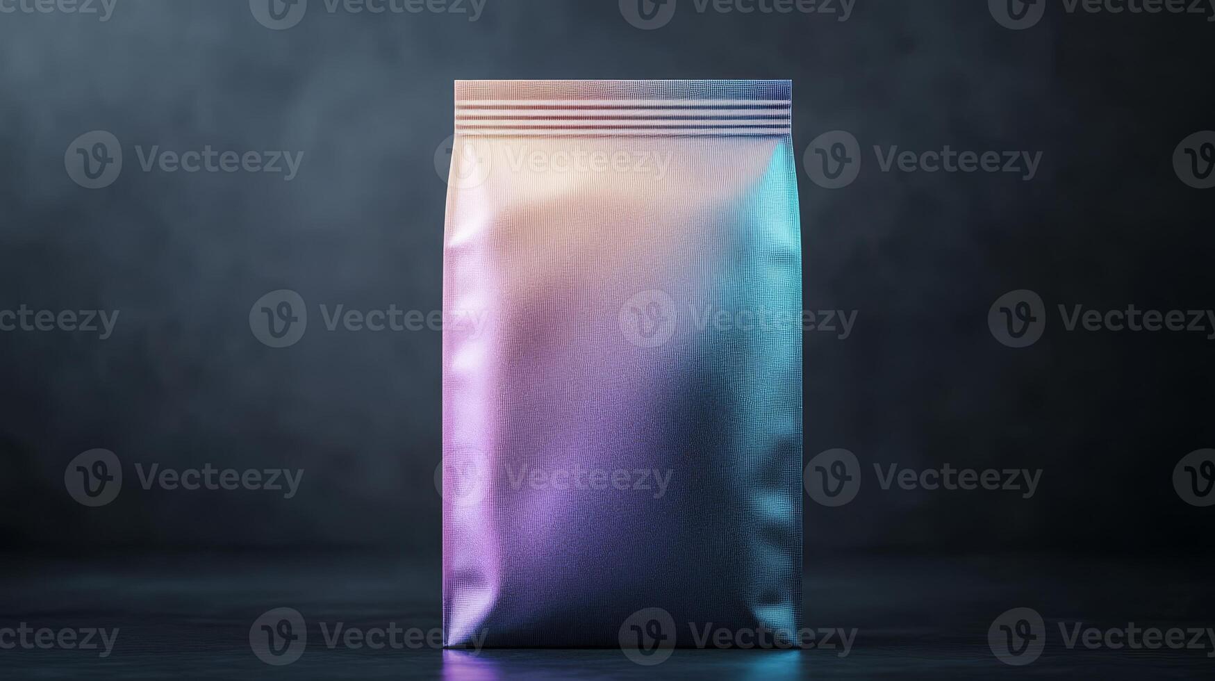 Dark iridescent coffee bag with a luxurious appearance, prominently displayed in a clean, dark environment, perfect for product showcase photo