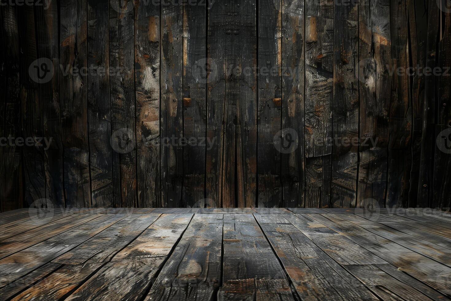 Dark brown wooden wall features rich textures and patterns, offering a warm backdrop ideal for artistic expressions and unique displays photo