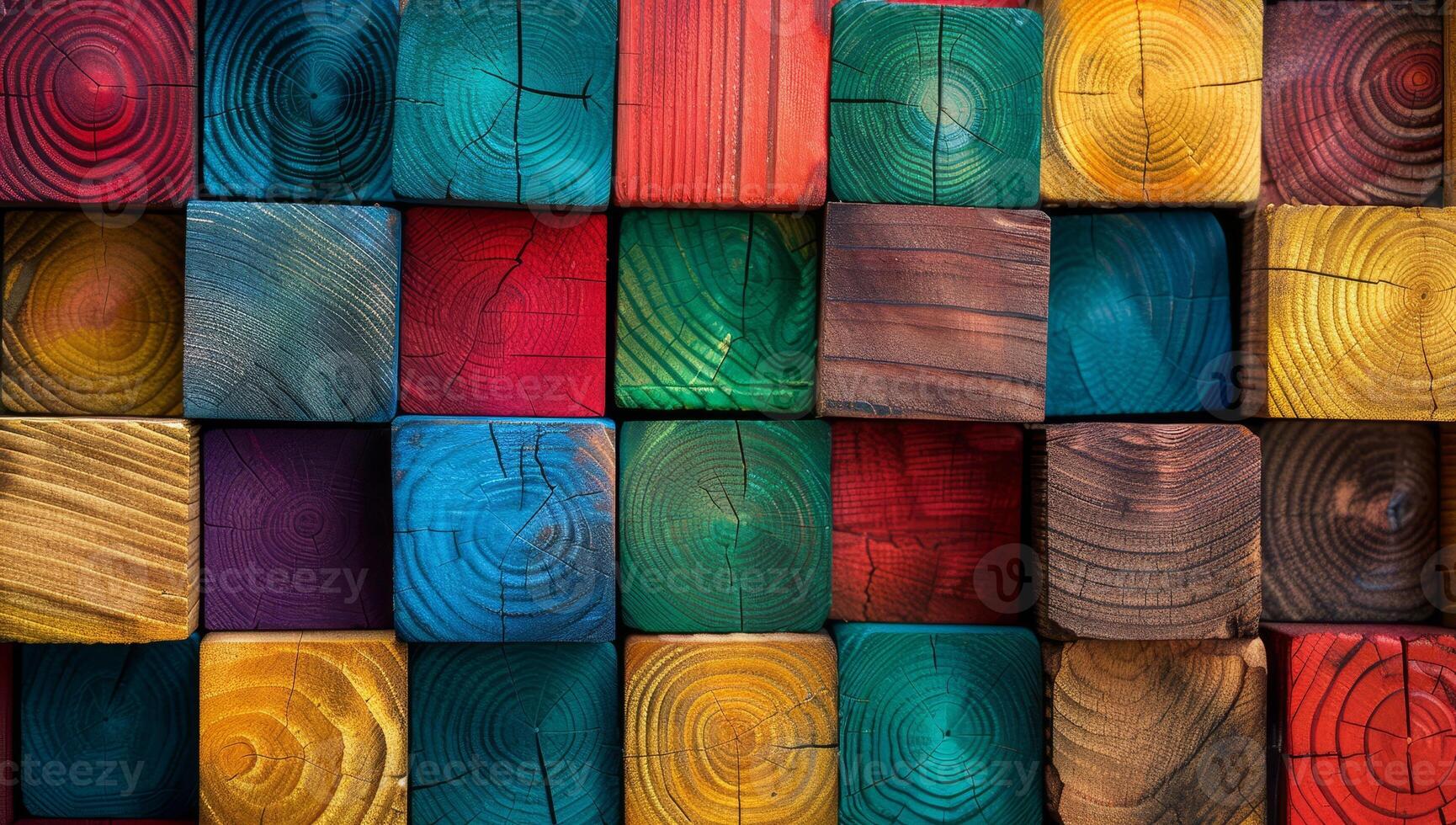 Intricate arrangement of colorful wooden blocks reveals artistic patterns and textures, showcasing creativity in a lively environment photo