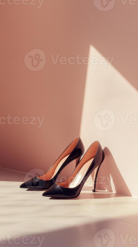 Stylish black high heels are elegantly showcased on a smooth surface with soft lighting. Their pointed toes and slender heel highlight modern fashion photo