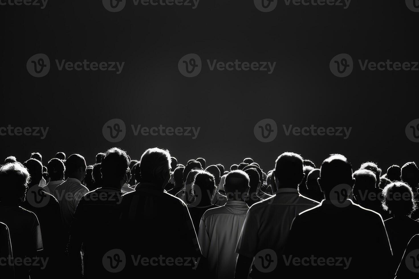 Large group of people standing together in silhouette, focused on an unseen performance as they share a collective moment of excitement photo